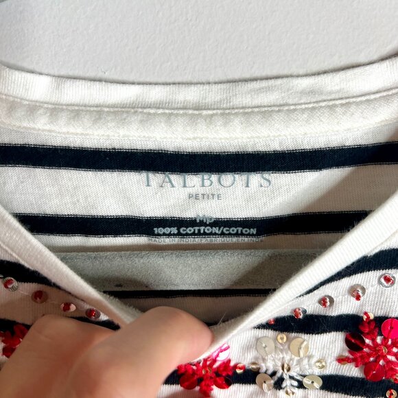Talbots Embellished Long-Sleeve Stripe Tee Holiday Beaded Snowflakes Cotton MP - Picture 3 of 4